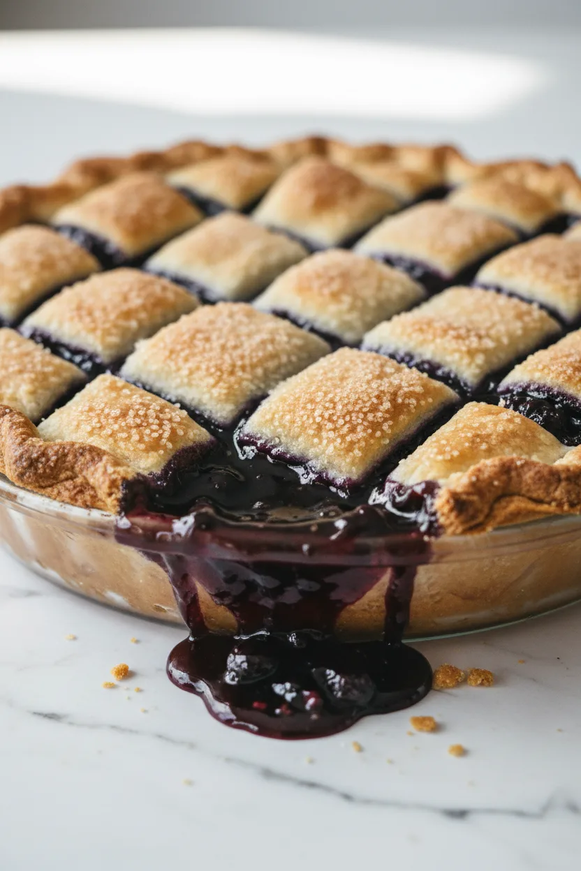 Overhead shot of a blueberry pie with a golden-brown lattice crust sprinkled with coarse sugar, showcasing a deep, glossy blueberry filling in a clear glass pie dish on a white marble countertop.