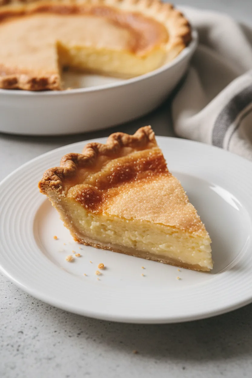 A slice of buttermilk pie featuring a flaky, golden-brown crust and a soft, slightly moist filling, illuminated with soft, diffused light, sitting on a white ceramic plate with a silver fork beside it. A whole buttermilk pie and linen napkin are visible in the background.