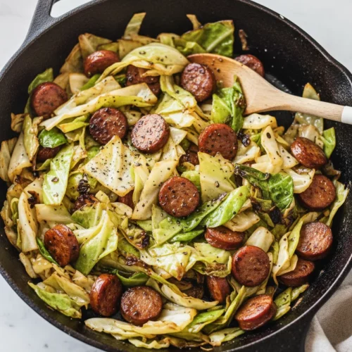 Cabbage and sausage skillet stir-fry in a cast iron pan, featuring slightly charred cabbage, oily sausage slices with blistered skin, and coarsely ground black pepper. A light wooden cooking spoon rests in the skillet next to a folded light grey and white striped linen napkin. The pan sits on a white marble surface.