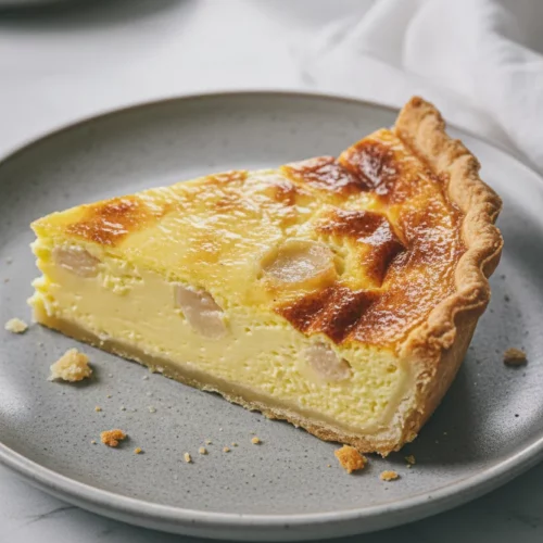 A close-up shot of a slice of cheeseburger pie held on a fork, showcasing its bubbly, golden-brown crust and creamy filling. The slice rests above a gray speckled plate with background elements of tomato slices and pickles.