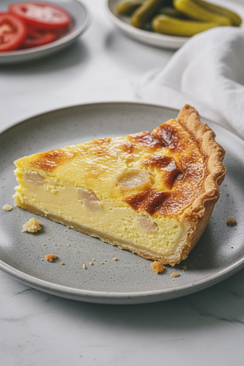 A close-up shot of a slice of cheeseburger pie held on a fork, showcasing its bubbly, golden-brown crust and creamy filling. The slice rests above a gray speckled plate with background elements of tomato slices and pickles.