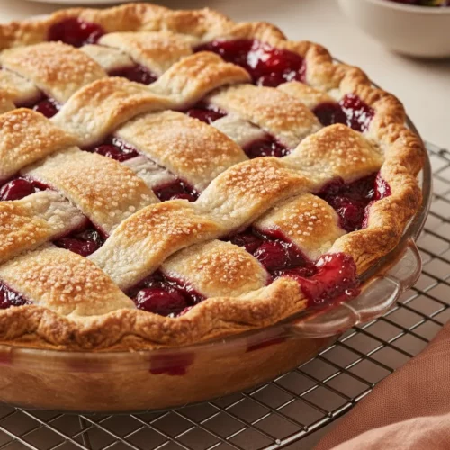 A freshly baked cherry pie with a bubbling, ruby-red filling and a golden-brown, flaky lattice crust sprinkled with sugar crystals. The pie sits in a clear glass dish on a wire rack, with a peach-colored linen napkin and a bowl of cherries in the background.