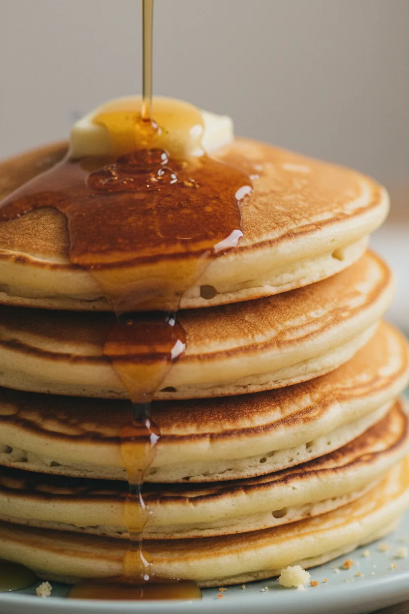 A stack of golden-brown chess pie pieces with viscous maple syrup generously draped over the top. A pat of melting butter sits atop the stack, on a pale blue ceramic plate. The backdrop is a softly blurred neutral surface.