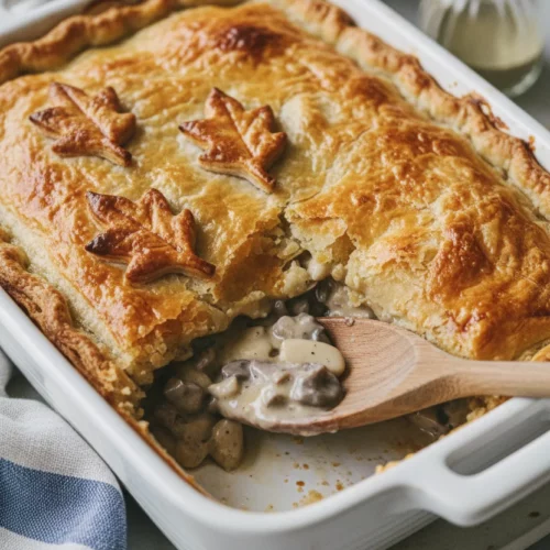 A flaky, golden-brown chicken and mushroom pie in a white ceramic dish with decorative leaf cutouts, revealing a creamy mushroom filling.