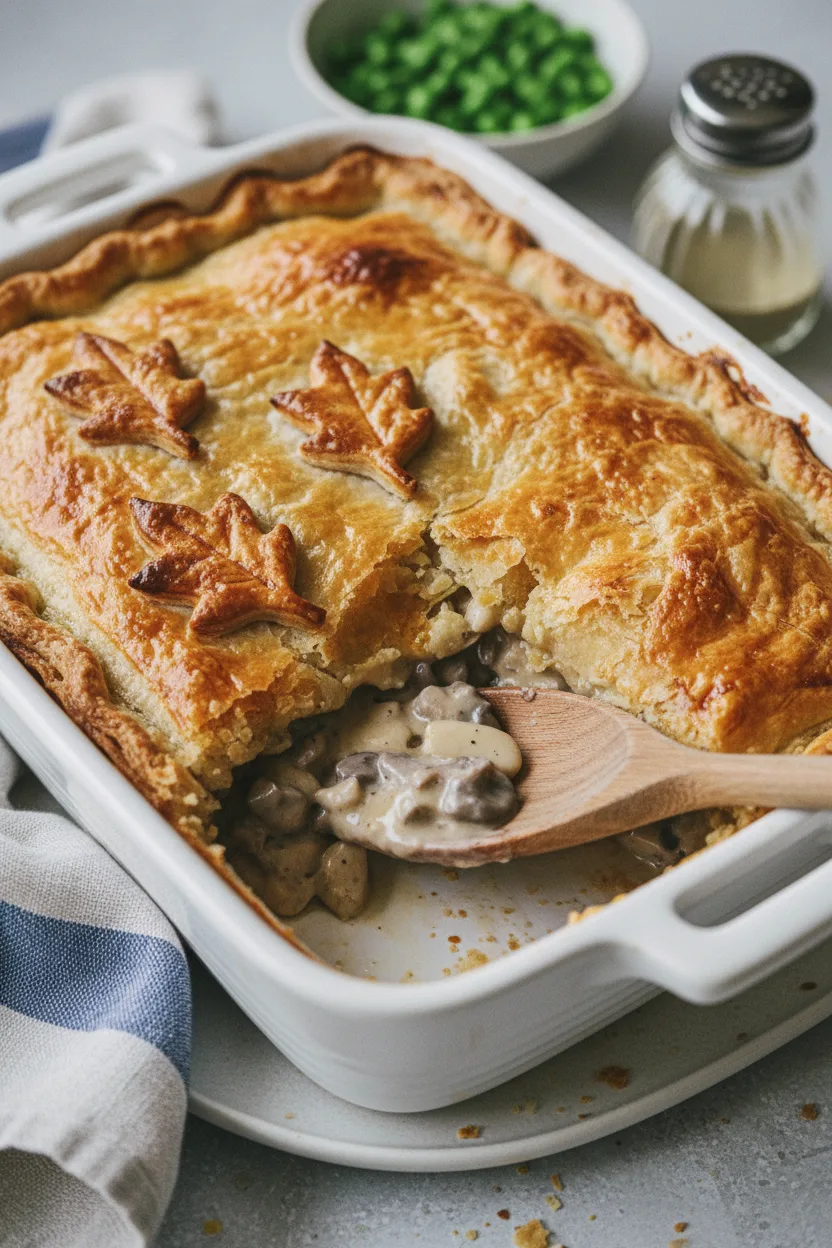 A flaky, golden-brown chicken and mushroom pie in a white ceramic dish with decorative leaf cutouts, revealing a creamy mushroom filling.