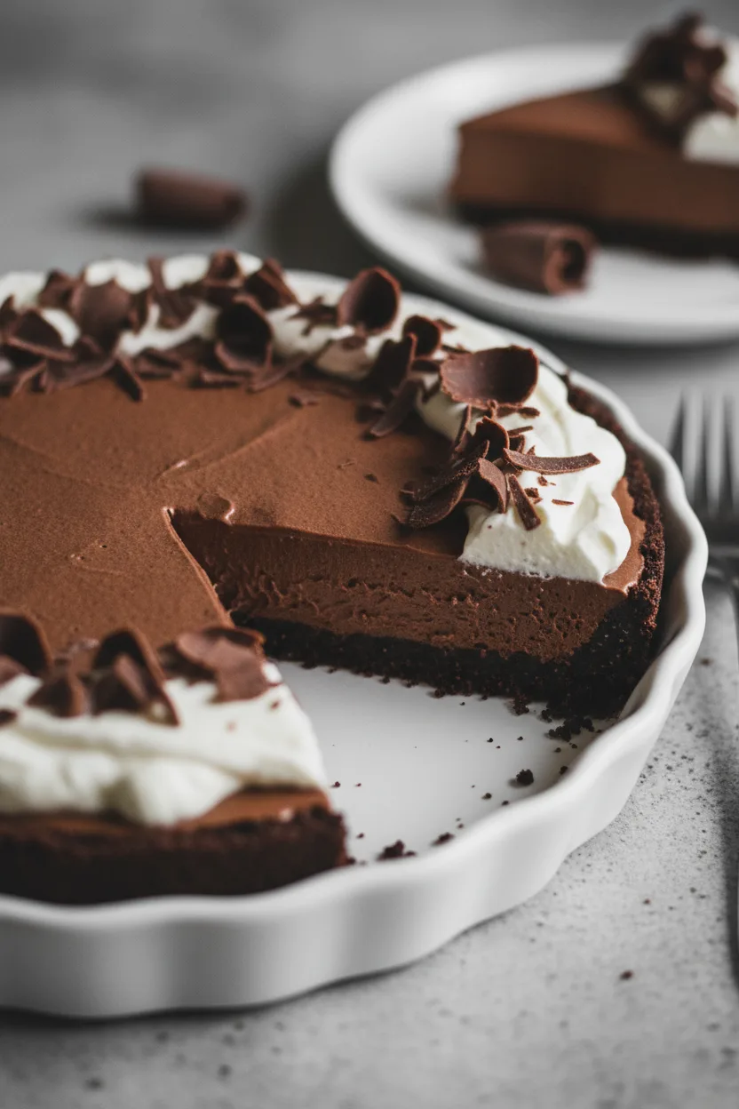 A slice of rich chocolate cream pie with a dark chocolate crumb crust, topped with soft whipped cream and dark chocolate shavings, set against a textured grey background.