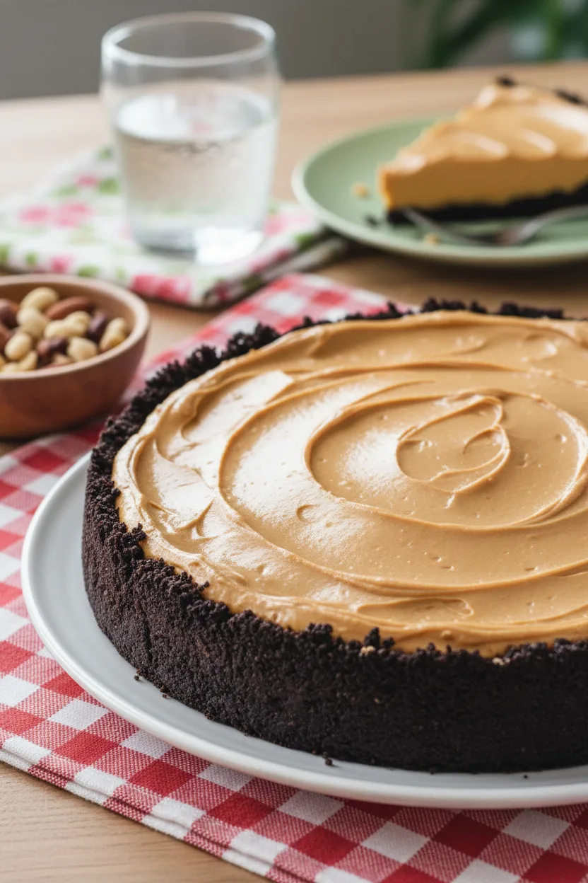 A vibrant, high-key photograph of a chocolate peanut butter pie on a white plate. The pie filling is smooth with subtle ridges, and the crust is dark and crumbly. A red and white checkered napkin sits beneath the plate, with nuts and a blurred slice of peanut butter pie in the background.