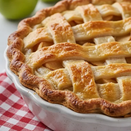 A close-up of a classic apple pie with a lattice crust, glistening with egg wash, sitting on a white ceramic pie dish against a red and white checkered napkin. Green apples are slightly blurred in the background.