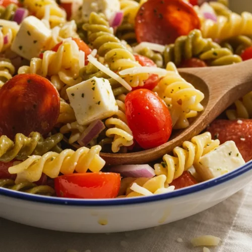 Close-up of a vibrant classic cold pasta salad recipe featuring tri-color rotini pasta, cheese cubes, pepperoni slices, and glistening cherry tomatoes, dressed with a creamy dressing in a white bowl.