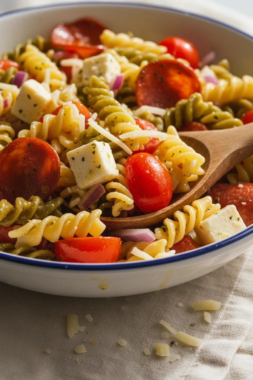 Close-up of a vibrant classic cold pasta salad recipe featuring tri-color rotini pasta, cheese cubes, pepperoni slices, and glistening cherry tomatoes, dressed with a creamy dressing in a white bowl.