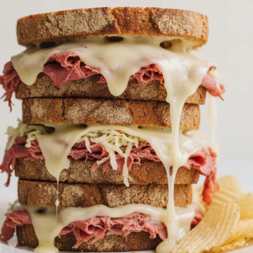 A towering stack of corned beef grilled cheese Reuben sandwiches on a white plate. Crisp potato chips are scattered to the side. The melted cheese drips from the toasted bread, and the corned beef is thinly sliced and glistening.
