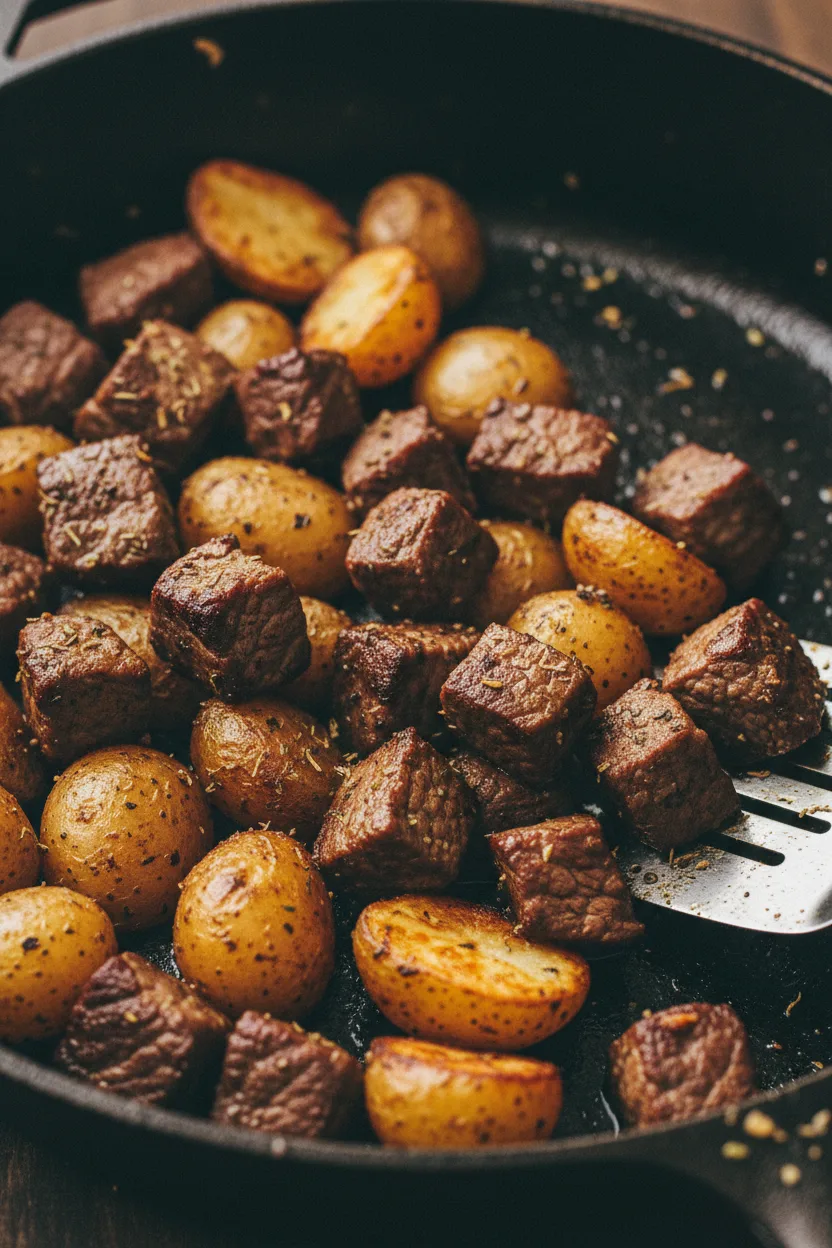 A close-up of corned beef hash in a dark cast iron pan. The dish features a mix of browned, cubed meat and potatoes with a slightly oily sheen and charred edges. A stainless steel spatula is partially visible in the pan.