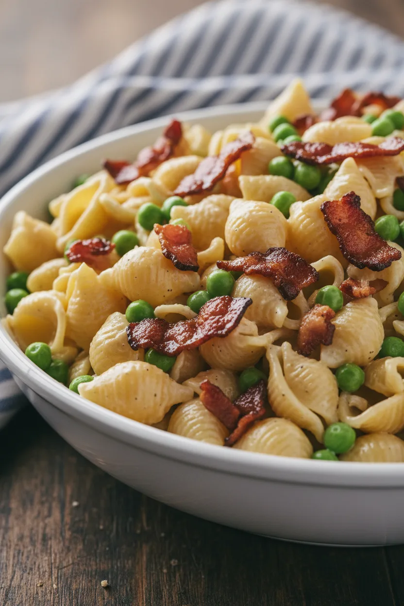 Close-up of creamy pasta salad featuring shell pasta, peas, and bacon, dressed with a creamy pasta salad dressing recipe. The ingredients are arranged in a white bowl on a rustic wooden surface with a blue and white striped linen napkin in the background.