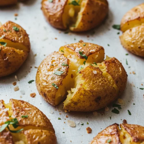 Close-up of crispy smashed potatoes on a gray baking sheet, sprinkled with flaky salt and fresh herbs. The potatoes have a golden-brown, slightly charred exterior and moist interior, illuminated by soft, diffused light.