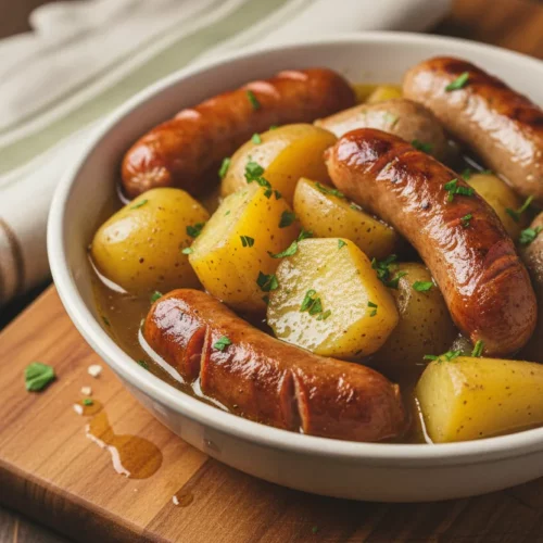 A bowl of Dublin Coddle, a traditional Irish stew featuring sausages and potatoes, served in a white ceramic bowl. The stew has a rich, flavorful broth and is garnished with fresh parsley.