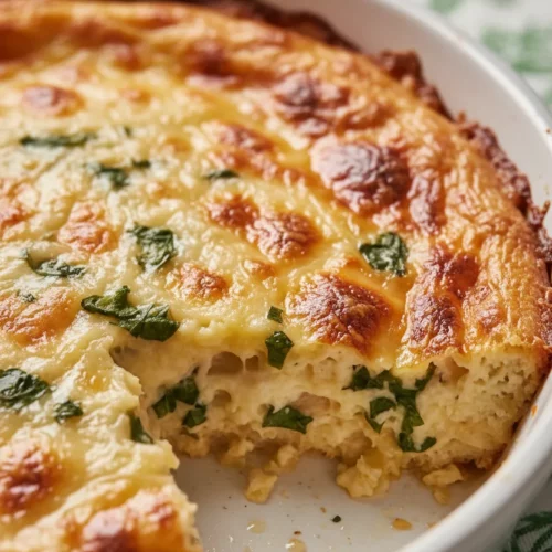 A creamy fish pie with a golden-brown, bubbly potato topping, flecked with green vegetables, served in a white ceramic baking dish. The surface of the Fish Pie (Creamy Potato Top) has melted cheese pools.