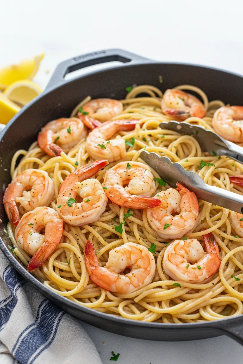 Shrimp scampi in a brushed steel skillet with spaghetti, cooked in garlic butter sauce and garnished with parsley. Stainless steel tongs rest on the side with lemon wedges and a linen napkin out of focus in the background.