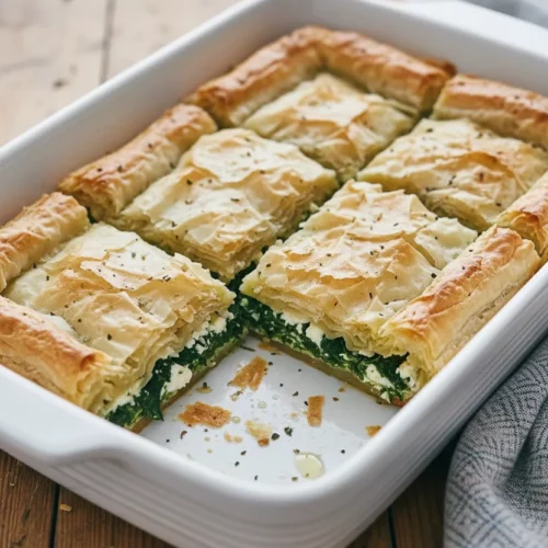 Flaky Greek Spinach Pie (Spanakopita) cut into squares, showcasing layered phyllo pastry with a spinach and feta filling in a white ceramic baking dish on a rustic wooden surface.