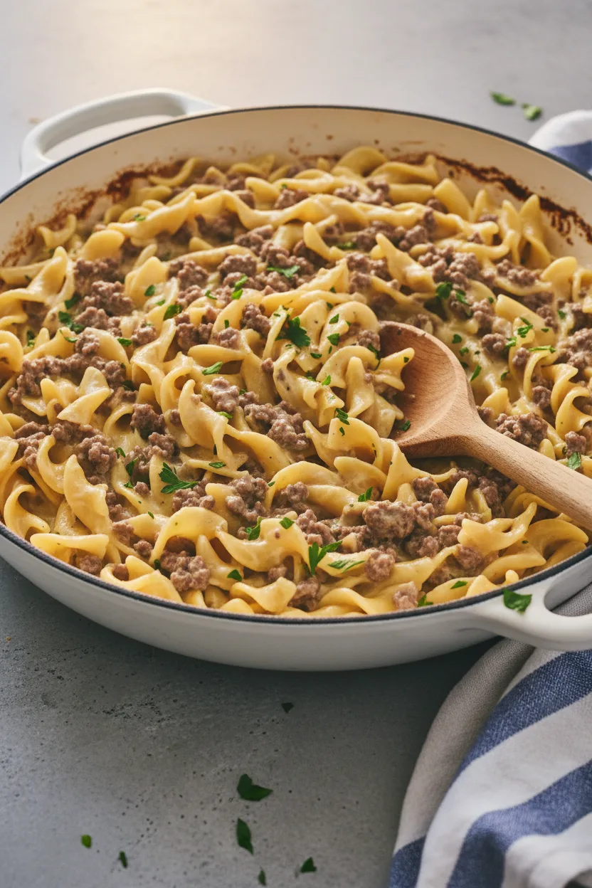 A skillet filled with ground beef stroganoff, featuring egg noodles and ground beef in a creamy sauce, garnished with fresh parsley. The dish is presented with a wooden serving spoon and a blue and white striped linen napkin.