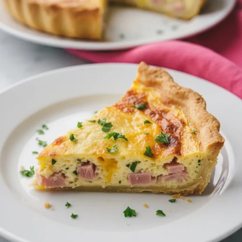 A slice of homemade ham and cheese pie (quiche) with a flaky golden-brown crust and a creamy custard filling featuring chunks of pink ham and melted golden-yellow cheese, garnished with chopped parsley.
