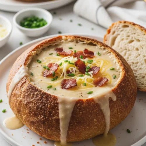 A sourdough bread bowl filled with creamy Irish cheddar soup, topped with shredded cheese, crispy bacon bits, and fresh chives. The soup is served on a white plate with a second bread bowl, a gray striped tea towel, a dish of chives, and a gold spoon in the background.
