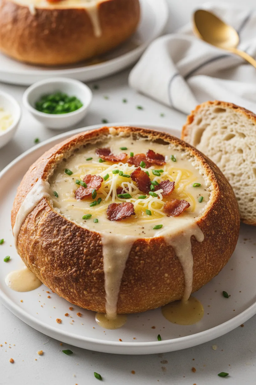 A sourdough bread bowl filled with creamy Irish cheddar soup, topped with shredded cheese, crispy bacon bits, and fresh chives. The soup is served on a white plate with a second bread bowl, a gray striped tea towel, a dish of chives, and a gold spoon in the background.