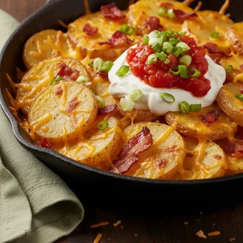 A skillet of Irish Nachos featuring golden potato slices topped with melted cheddar cheese, crispy bacon, a dollop of sour cream, tomato relish, and chopped green onions.