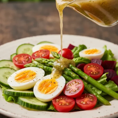 A bright, high-key photograph shows an Irish Pub Salad with sliced cucumbers, halved hard-boiled eggs speckled with pepper, red cherry tomatoes, pickled asparagus, and deep maroon pickled beets. Dressing is being poured from a clear glass pitcher, highlighting the vibrant greens and reds of the salad ingredients.