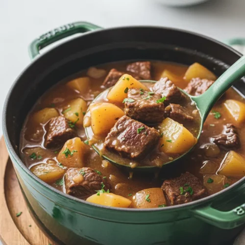 A hearty Irish Stew with Lamb served in a dark green enameled cast-iron pot, garnished with fresh parsley. The stew features chunks of tender meat and potatoes, glistening with rendered fat and a shallow depth of field focusing on the stew.