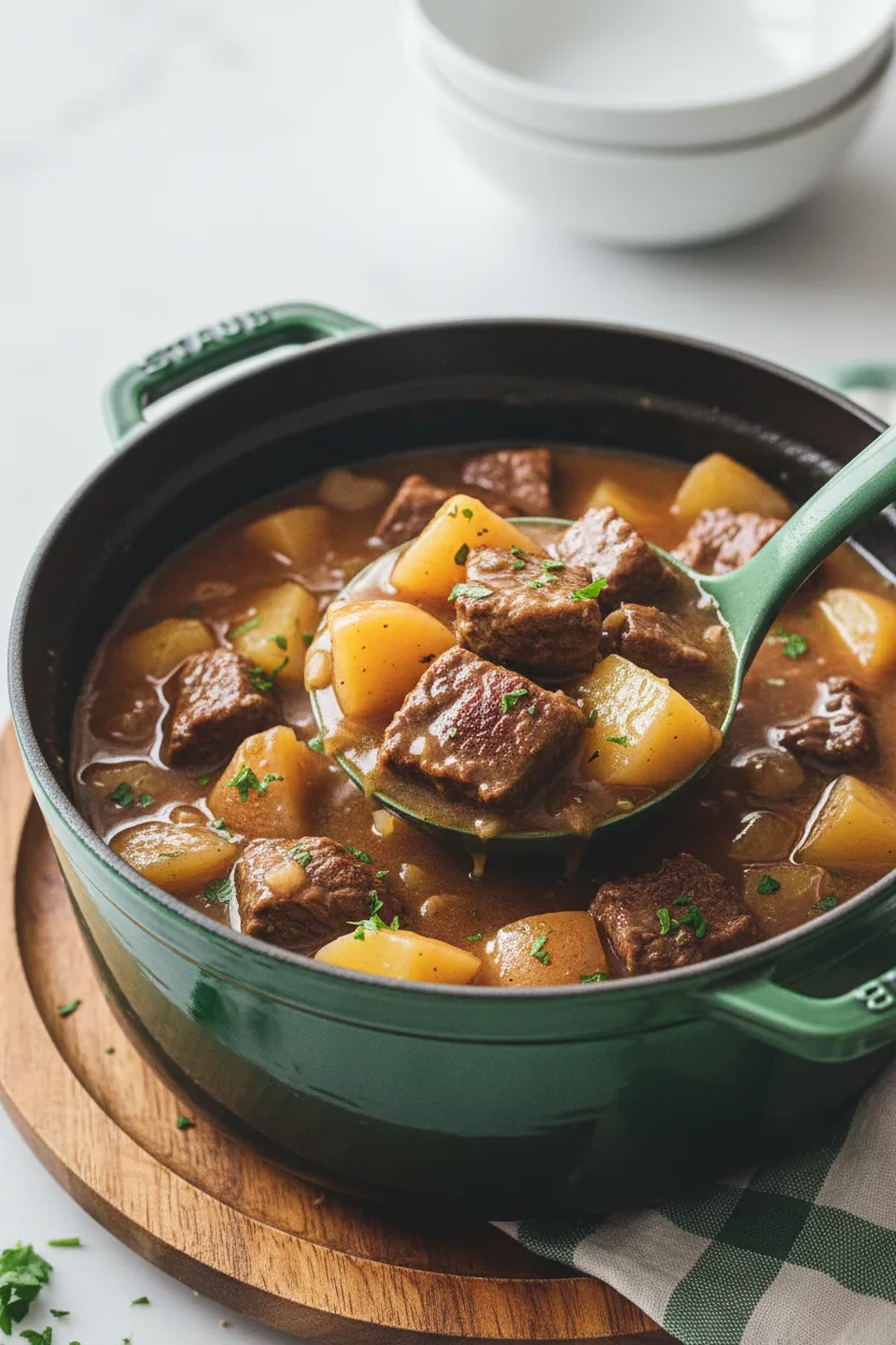 A hearty Irish Stew with Lamb served in a dark green enameled cast-iron pot, garnished with fresh parsley. The stew features chunks of tender meat and potatoes, glistening with rendered fat and a shallow depth of field focusing on the stew.