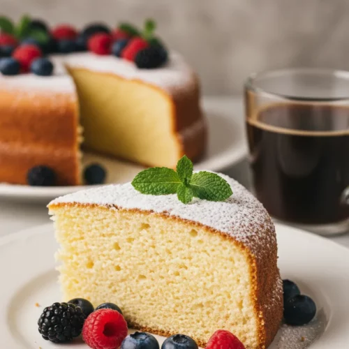 A triangular slice of Irish Tea Cake, lightly dusted with powdered sugar, served on a white plate with fresh blackberries, blueberries, raspberries, and a mint leaf. A stainless steel fork rests on the plate beside the cake. A mug of coffee and a larger cake are in the blurred background.