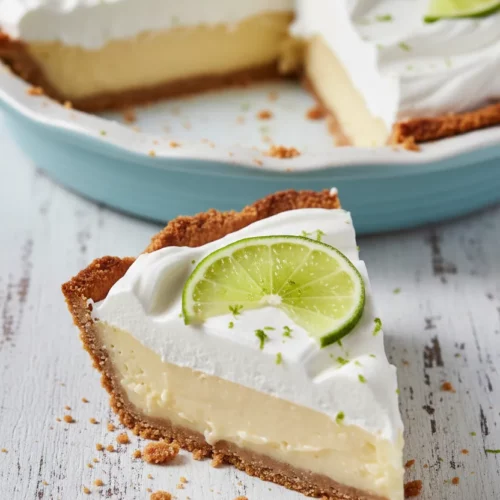 A slice of key lime pie with a pale yellow filling, topped with light and airy whipped cream, adorned with lime slices and zest. The dark golden-brown crust has a crumbly texture and sits on a distressed white wooden surface.