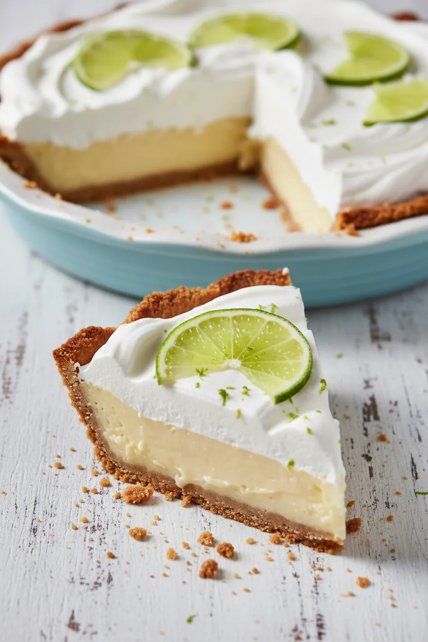 A slice of key lime pie with a pale yellow filling, topped with light and airy whipped cream, adorned with lime slices and zest. The dark golden-brown crust has a crumbly texture and sits on a distressed white wooden surface.