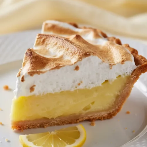 A slice of lemon meringue pie featuring a smooth, bright yellow lemon filling and billowy, lightly browned meringue on a golden-brown crust. A slice of lemon sits to the side.
