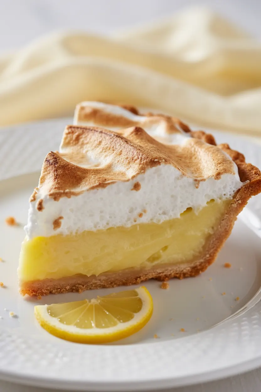 A slice of lemon meringue pie featuring a smooth, bright yellow lemon filling and billowy, lightly browned meringue on a golden-brown crust. A slice of lemon sits to the side.