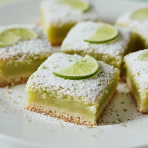 A plate of homemade lime bars topped with powdered sugar and lime zest, styled in bright, soft-focus commercial food photography.