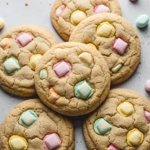 Overhead shot of several freshly baked Lucky Charms cookies, featuring soft sugar cookies studded with colorful marshmallows. The cookies are arranged on a light grey surface with scattered marshmallows around them.