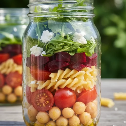 Layered meal prep pasta salad in a clear mason jar, showcasing chickpeas, cherry tomatoes, beets, rotini pasta, arugula, and feta cheese. A stainless steel spoon is inserted on top.