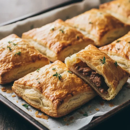 Several golden-brown meat pies, also known as hand pies, arranged on a dark baking sheet lined with parchment paper. Fresh thyme sprigs are scattered around the meat pies. The puff pastry shows a flaky texture with a moist, meaty filling.