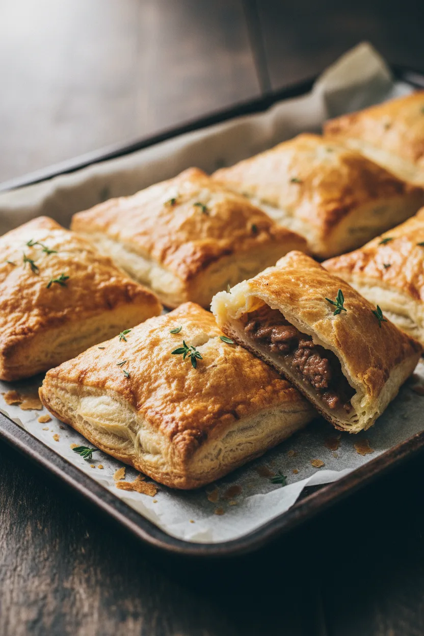Several golden-brown meat pies, also known as hand pies, arranged on a dark baking sheet lined with parchment paper. Fresh thyme sprigs are scattered around the meat pies. The puff pastry shows a flaky texture with a moist, meaty filling.
