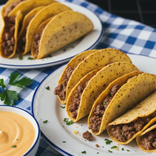 A collection of mini fried beef tacos arranged on white ceramic plates with blue trim, accompanied by a bowl of cheese sauce and a blue-and-white checkered napkin. Fresh parsley sprigs add a touch of green. The backdrop is a blurred black tiled surface. The scene is brightly lit with a focus on the texture of the mini beef tacos.