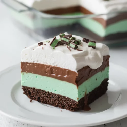 A slice of Mint Chocolate Lasagna featuring layers of a dark cookie crust, mint green gelatinous layer, chocolate pudding, and whipped cream, topped with Andes mint pieces. The dessert sits on a white plate with a blurred baking dish in the background.