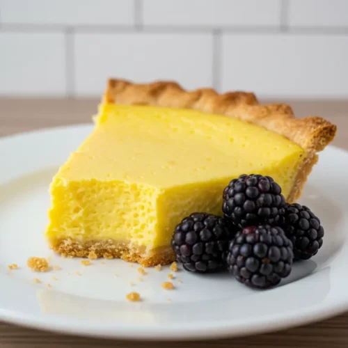 A slice of no bake mango pie on a white plate, accompanied by three blackberries and a silver fork. A bite-sized piece has been taken, revealing the crumbly crust.