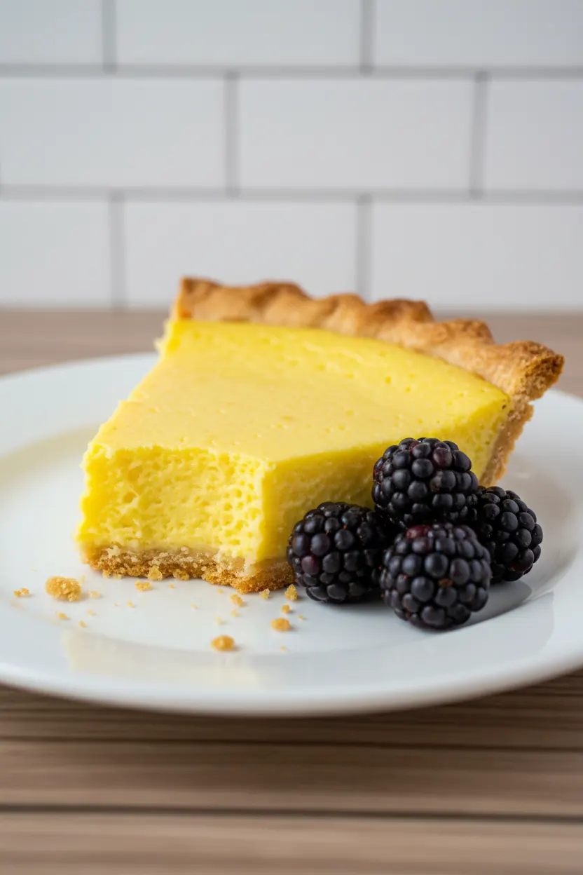 A slice of no bake mango pie on a white plate, accompanied by three blackberries and a silver fork. A bite-sized piece has been taken, revealing the crumbly crust.