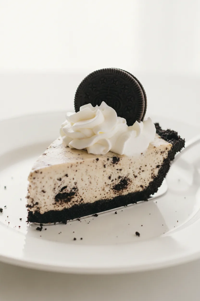 A slice of no-bake Oreo pie on a white ceramic plate, supported by a silver pie server. The pie has a creamy Oreo filling with cookie crumbs, a dark Oreo crust, and is topped with swirling whipped cream and a whole Oreo cookie.