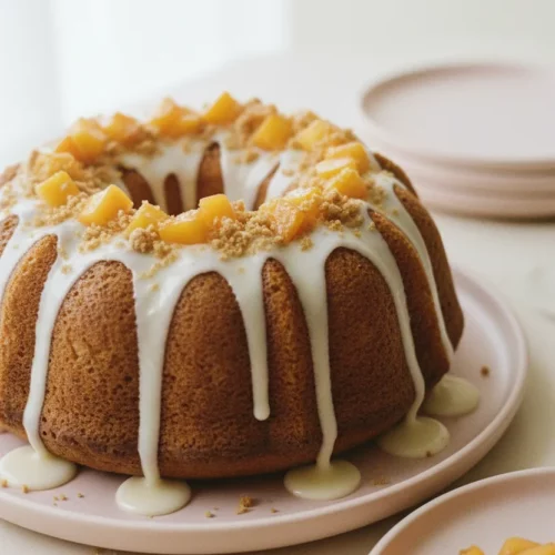 A peach bundt cake with white icing dripping down its golden-brown surface, topped with diced peaches and a sandy crumb topping. The cake sits on a light pink plate with a plate of diced peaches and a spoon in the background.