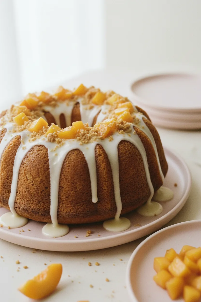 A peach bundt cake with white icing dripping down its golden-brown surface, topped with diced peaches and a sandy crumb topping. The cake sits on a light pink plate with a plate of diced peaches and a spoon in the background.