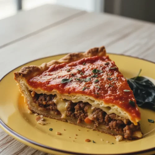 A slice of deep-dish pizza pie with thick, glistening tomato sauce, herbs, and a flaky crust on a yellow plate with dark trim. A wilted dark green leaf rests beside the pizza.