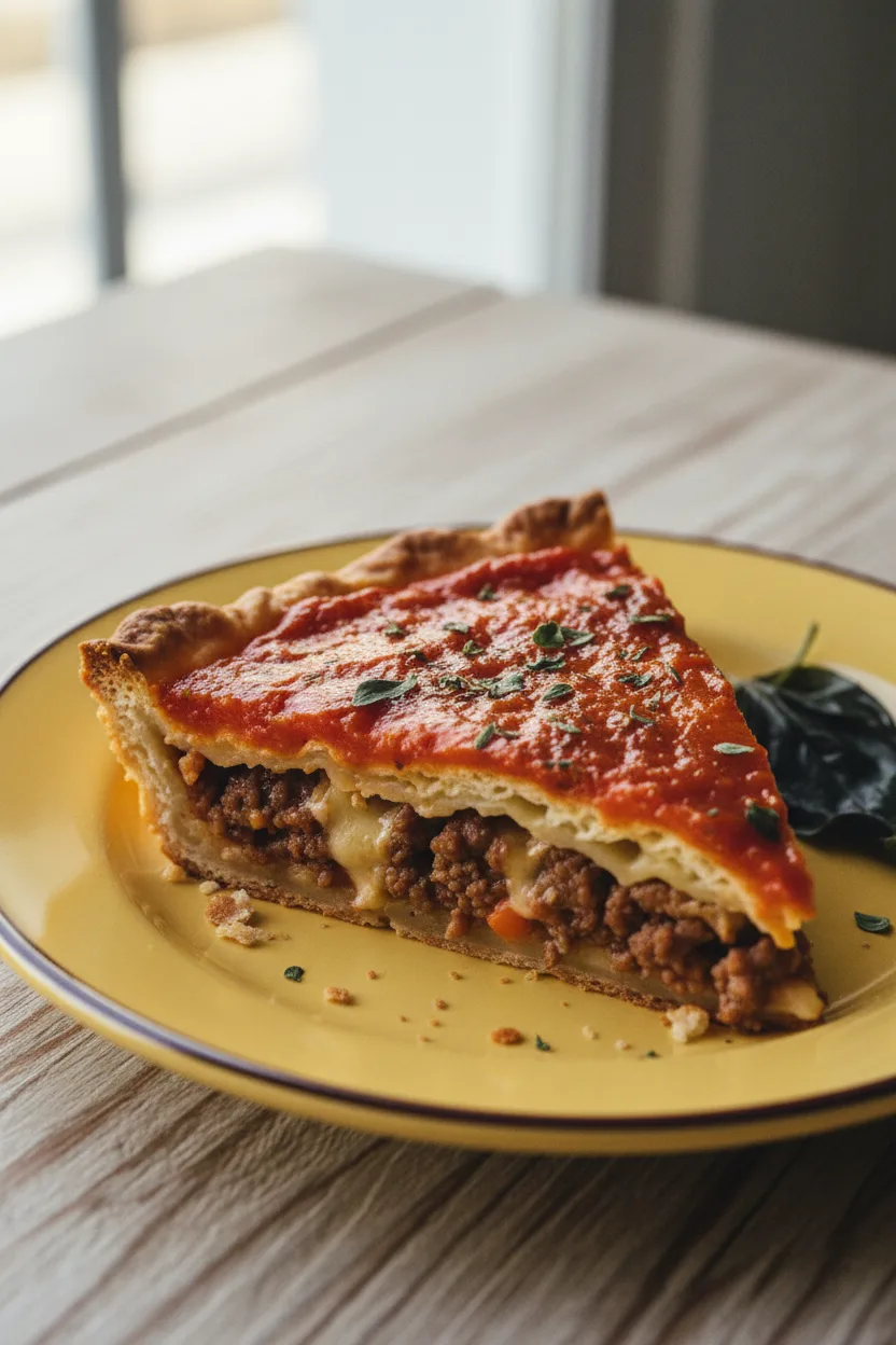 A slice of deep-dish pizza pie with thick, glistening tomato sauce, herbs, and a flaky crust on a yellow plate with dark trim. A wilted dark green leaf rests beside the pizza.