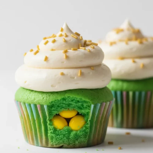 Two brightly lit 'Pot of Gold' cupcakes with green cake base, colorful striped liners, creamy white frosting with golden sprinkles, and a small gap revealing yellow candies.